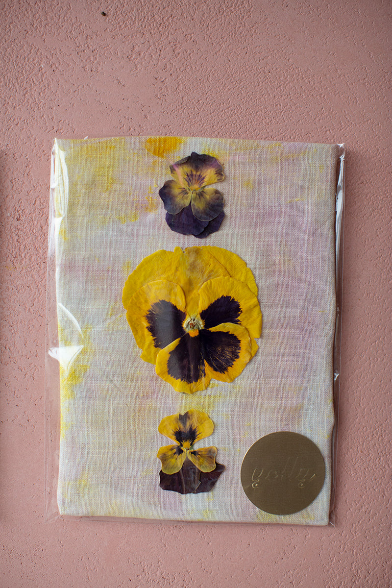 Hand dyed linen print with pressed violas